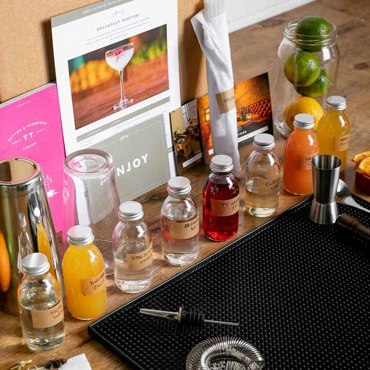 Laid out content of an online cocktail lesson box